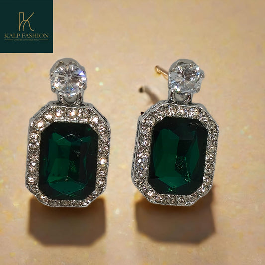 Emerald Green Stone Silver Plated earrings with (AD)