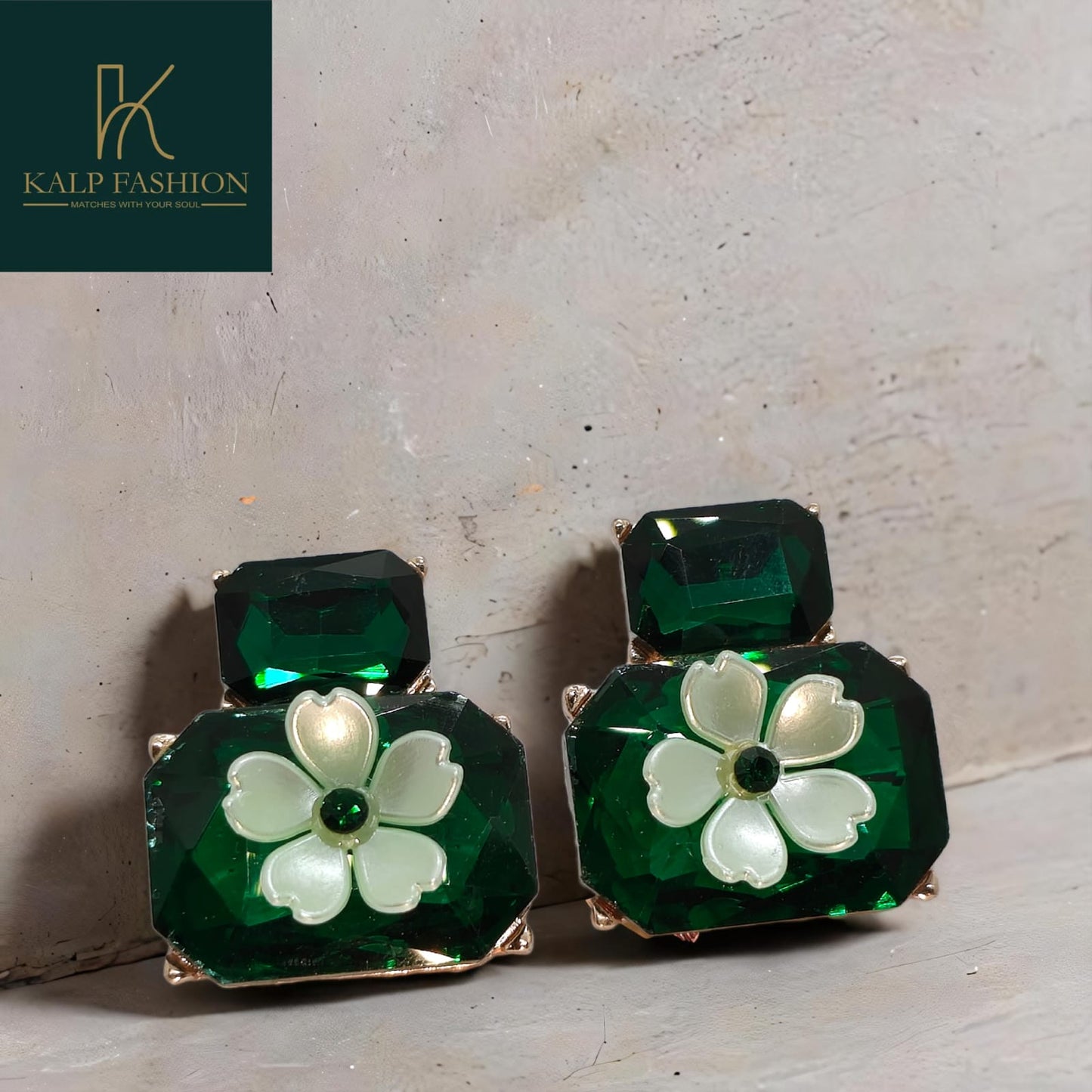 Green Emerald Stone Floral Design Stud