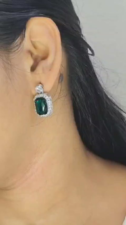 Emerald Green Stone Silver Plated earrings with (AD)